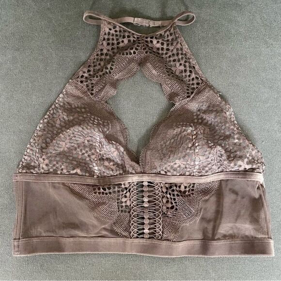 Victoria’s Secret Very Sexy Unlined Halter Bralette Brown lace & Velvet small - Picture 1 of 9